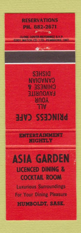 Matchbook Cover - Asia Garden Restaurant Humboldt SK