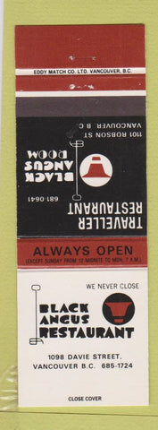 Matchbook Cover - Black aNgus Restaurant Vancouver BC