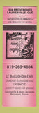 Matchbook Cover - Le Baluchon Restaurant Laurierville QC