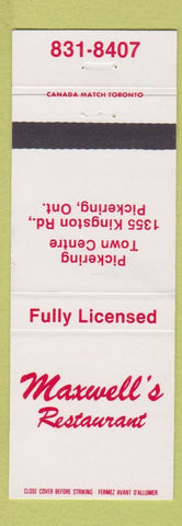 Matchbook Cover - Maxwell's Restaurant Pickering ON