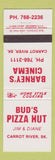 Matchbook Cover - Bud's Pizza Hut Barney's Cinema Carrot River SK