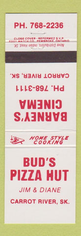 Matchbook Cover - Bud's Pizza Hut Barney's Cinema Carrot River SK