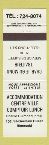 Matchbook Cover - Accommodation Centre Ville Restaurant Rimouski QC