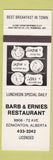 Matchbook Cover - Barb and Ernies Restaurant Edmonton AB