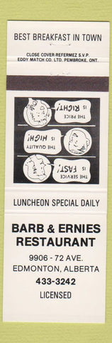 Matchbook Cover - Barb and Ernies Restaurant Edmonton AB