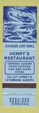 Matchbook Cover - Henry's Restaurant Chinese Lethrbridge AB