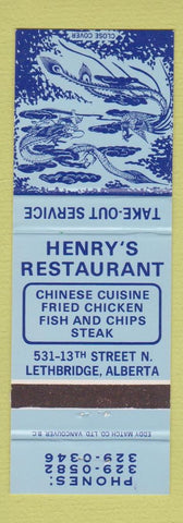 Matchbook Cover - Henry's Restaurant Chinese Lethrbridge AB