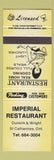 Matchbook Cover - Imperial Restaurant St Catharines ON