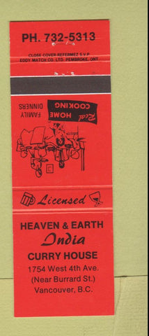 Matchbook Cover - Heaven and Earth Indian Curry House Vancouver BC