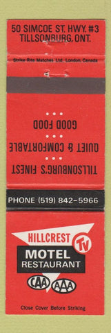 Matchbook Cover - Hillcrest Motel Tillsonburg ON