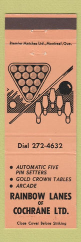 Matchbook Cover - Rainbow Lanes Cochrane ON? Bowing billiards ORANGE