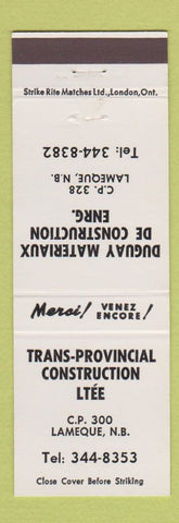 Matchbook Cover - Trans Provincial Construction Lameque NB