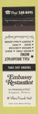 Matchbook Cover - Embassy Restaurant Kingston ON