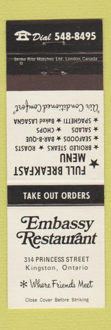 Matchbook Cover - Embassy Restaurant Kingston ON