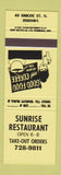 Matchbook Cover - Sunrise Restaurant Oshawa ON