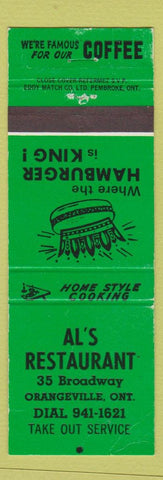 Matchbook Cover - Al's Restaurant Orangeville ON