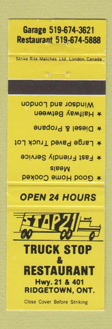 Matchbook Cover - 21 Truck Stop oil gas Ridgetown ON