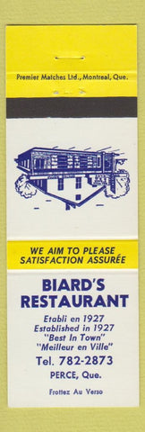 Matchbook Cover - Biard's Restaurant Perce QC