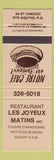Matchbook Cover - Restaurant Les Joyeux Matins Ste Agathe QC