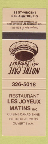 Matchbook Cover - Restaurant Les Joyeux Matins Ste Agathe QC