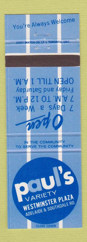 Matchbook Cover - Paul's Variety Westminster Plaza