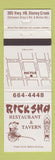 Matchbook Cover - Ricksha Restaurant Tavern Stoney Creek ON