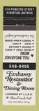Matchbook Cover - Embassy Restaurant Kingston ON