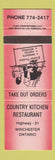 Matchbook Cover - Country Kitchen Restaurant Winchester ON