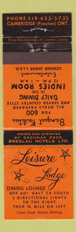 Matchbook Cover - Leisure Lodge Cambridge ON