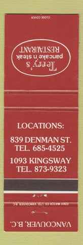 Matchbook Cover - Terry's Pancake n Steak Vancouver BC