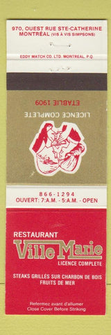 Matchbook Cover - Ville Marie Restaurant Montreal QC