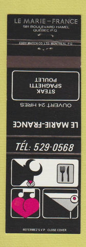 Matchbook Cover - Le Marie France Restaurant Quebec QC