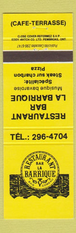 Matchbook Cover - Restaurant Bar La Barrique Pizza Baie Comeau QC