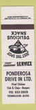 Matchbook Cover - Ponderosa Drive In Fried Chicken Vermilion AB