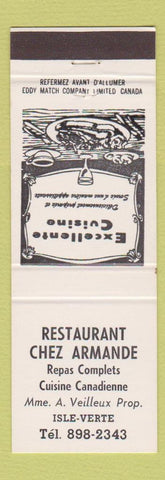 Matchbook Cover - Restaurant Chez Armande Isle Verte QC