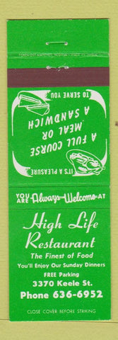 Matchbook Cover - High Life Restaurant Toronto ON