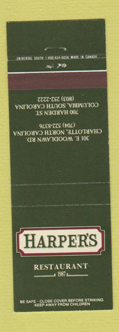 Matchbook Cover - Harper's Restaurant Columbia SC Charlotte NC