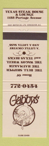Matchbook Cover - Gabby's Restaurant Teax Steak Canada
