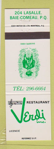 Matchbook Cover - Verdi Inc Restaurant Baie Comeau QC