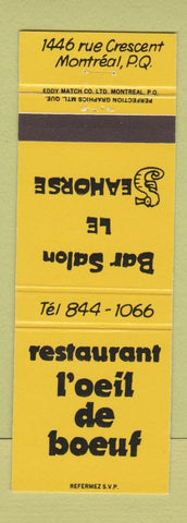 Matchbook Cover - Restaurant L Oeil De Boeuf Montreal QC