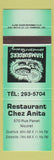 Matchbook Cover - Restaurant Chez Anita Nicolet QC