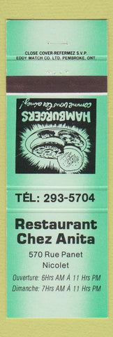 Matchbook Cover - Restaurant Chez Anita Nicolet QC