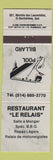 Matchbook Cover - Restaurant Le Relais ST Barthelemy QC Billiards GRAY