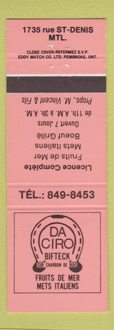 Matchbook Cover - Da Ciro Bifteck Montreal QC