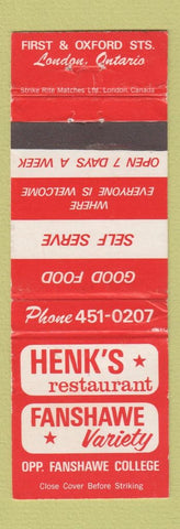 Matchbook Cover - Henk's Restaurant London ON WORN