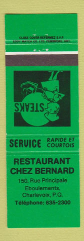 Matchbook Cover - Restaurant Chez Bernard Charlevoix QC GREEN