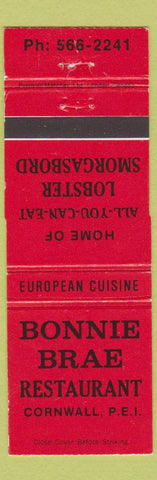 Matchbook Cover - Bonnie Brae Restaurant Cornwall PEI PE