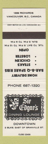 Matchbook Cover - Sir Edgar's Lounge Vancouver BC