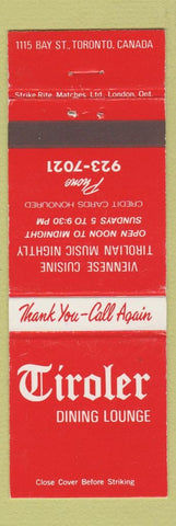Matchbook Cover - Tiroler Restaurant Toronto ON Viennese