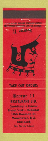 Matchbook Cover - George 11 Restaurant Vancouver BC